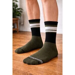 Thieves Crew Socks Olive Checkerboard Stripe Men’s Cushion Casual
